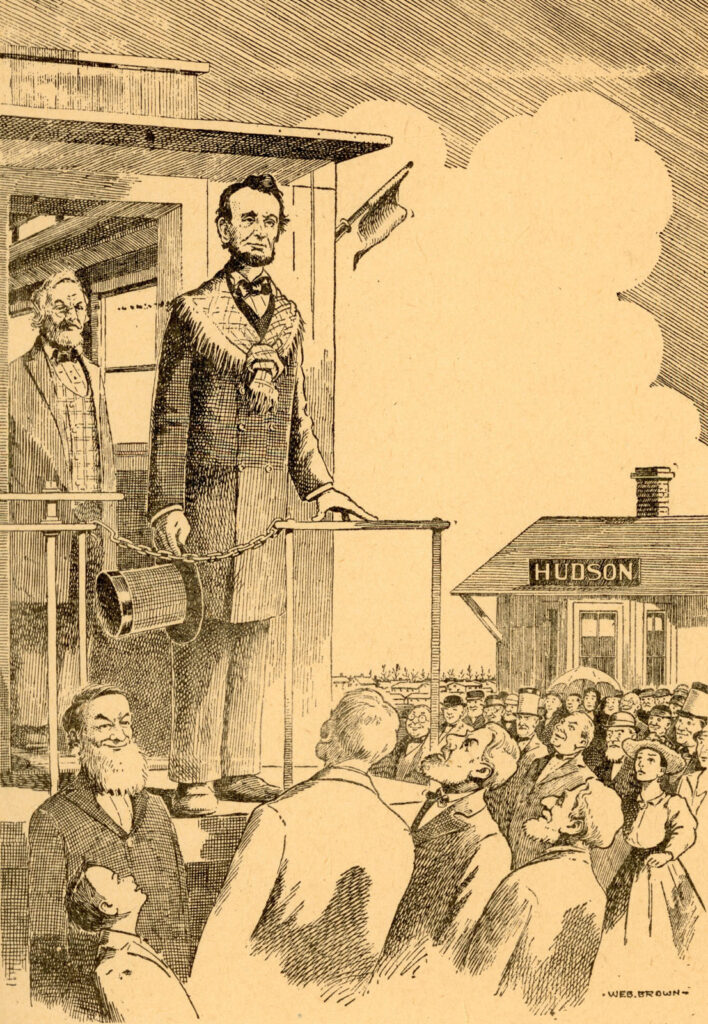Drawing of Abraham Lincoln on train car at the Hudson railroad station, 1861