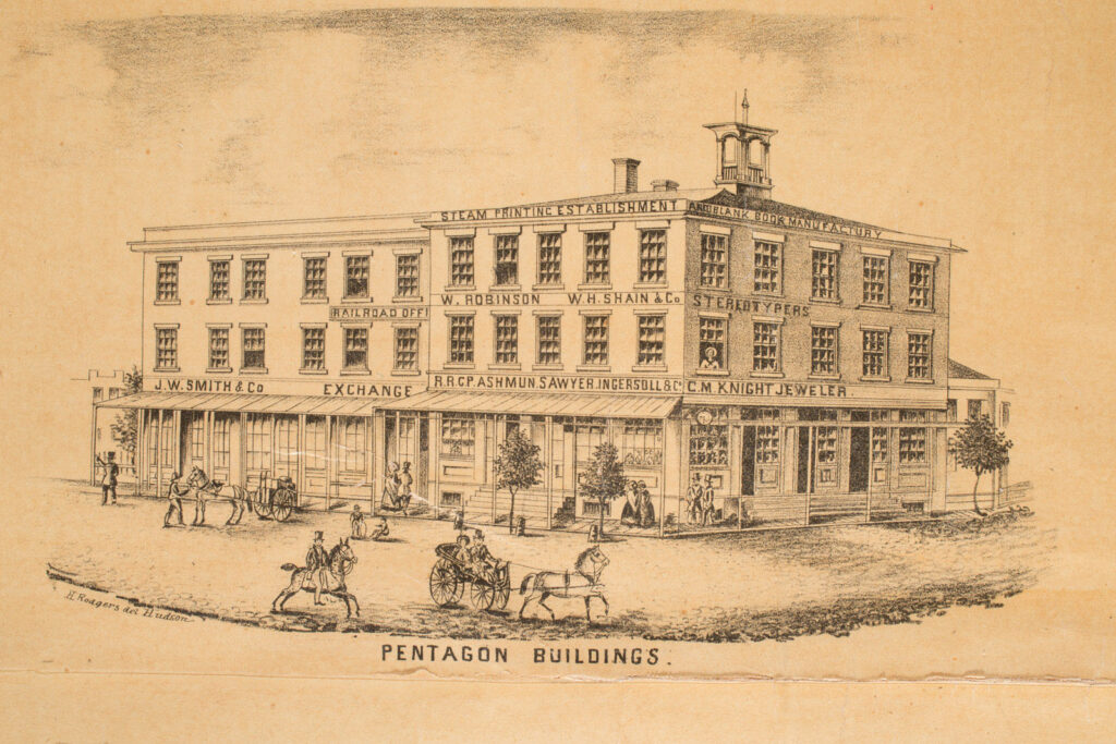 Pentagon building. Sketch by Horace Rogers, from 1855 map of Hudson