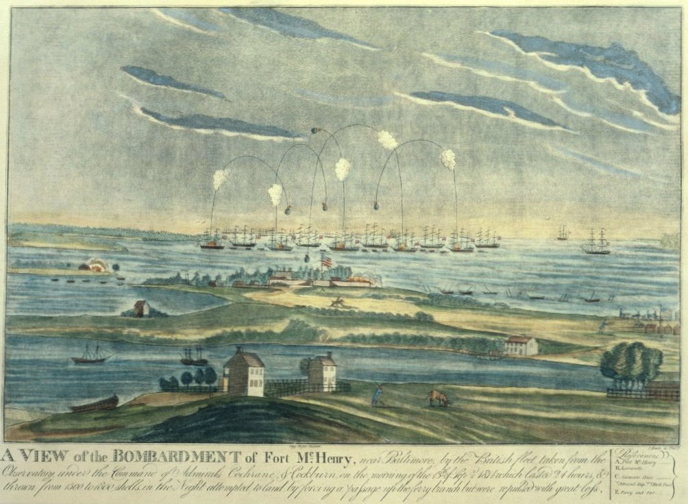 The caption reads "A VIEW of the BOMBARDMENT of Fort McHenry, near Baltimore, by the British fleet taken from the Observatory under the Command of Admirals Cochrane & Cockburn on the morning of the 13th of Sept 1814 which lasted 24 hours & thrown from 1500 to 1800 shells in the Night attempted to land by forcing a passage up the ferry branch but were repulsed with great loss."