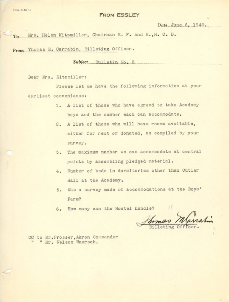 Message to Mrs. Helen Kitzmiller, chair of the Civil Defense Committee to Thomas M. Carabin, Billeting Officer, asking about the availability of beds in dormitories, dated June 6, 1942