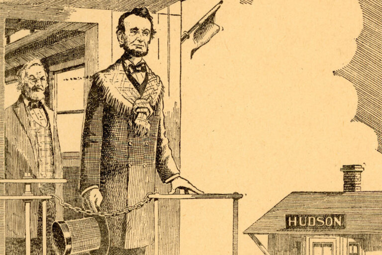 Drawing of Abraham Lincoln on train car at the Hudson railroad station, 1861