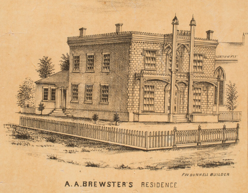 Drawing, of A.A. Brewster's home from 1855 map of Hudson. Caption reads, "A. A. Brewster's Residence" "F.W. Bunnell Builder"