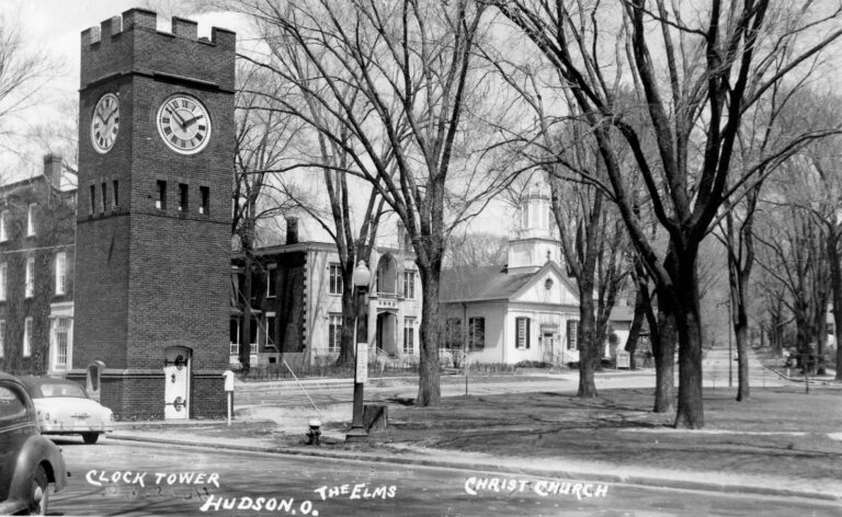 Clocktower, Hudson, Ohio, ca.1920. Caption at bottom reads: "Clock Tower The Elms Christ Church, Hudson, O."