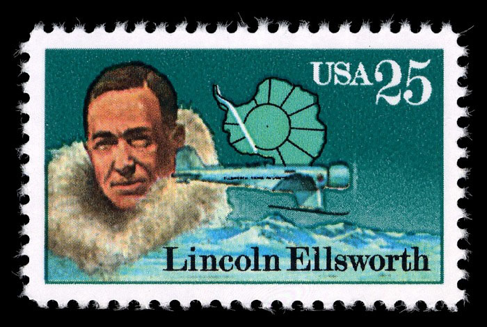 Lincoln Ellsworth stamp, $0.25. Depicts Lincoln Ellsworth, his plane, and the map of the polar region