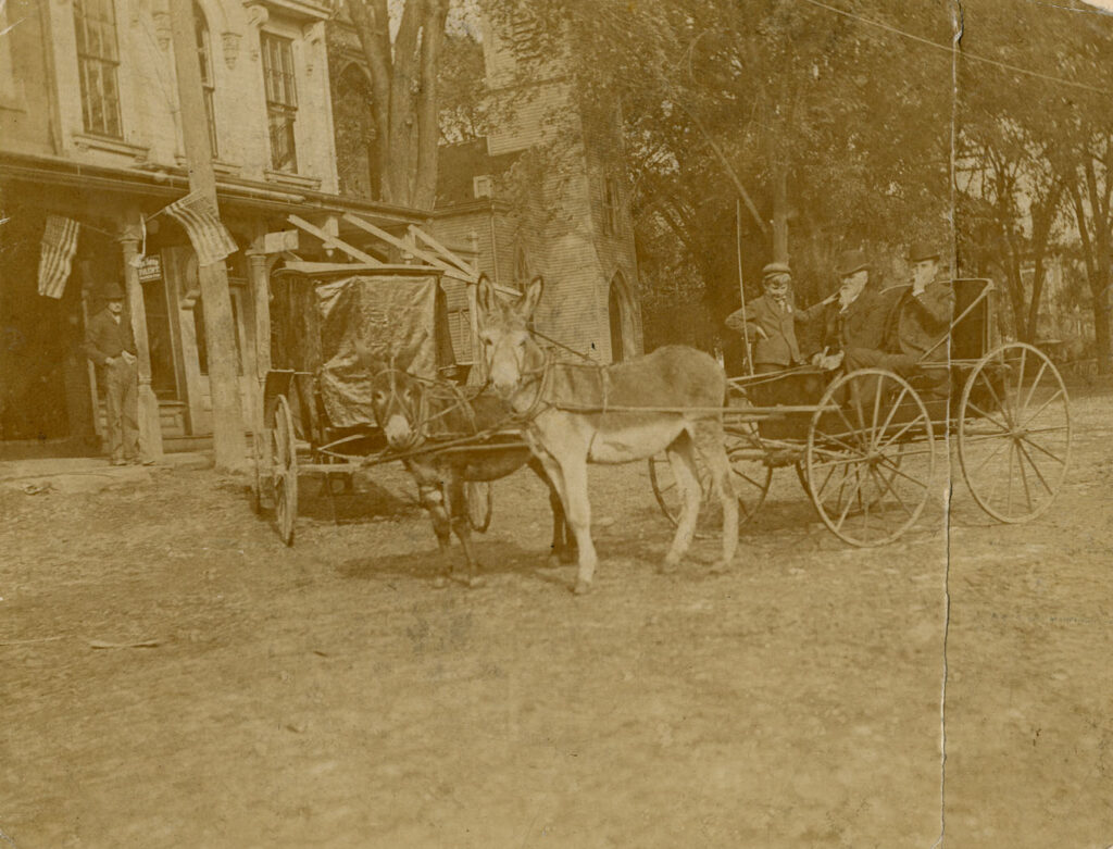 Robert Thompson, Gus Grimm, Charley Corbus in a mule-drawn carriage on Aurora Street. Wood building west of bank building (Beebe Block) with Brewster Mansion, and Methodist Episcopal Church visible in background
