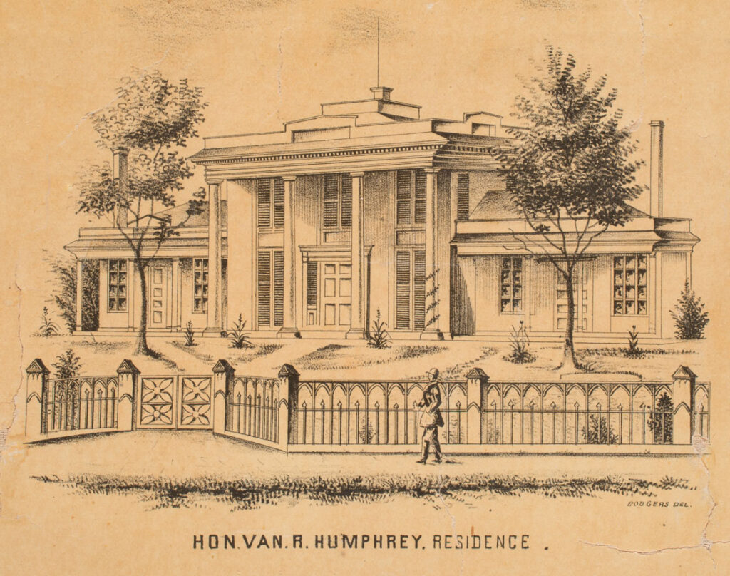Van Rensselear Humphrey house from 1855 map of Hudson, caption reads, "Hon Van. R. Humphrey, Residence" signed "Rodgers Del."