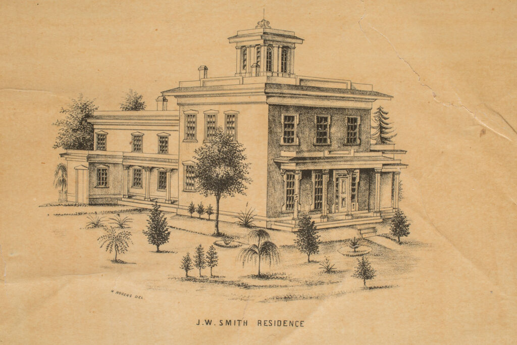 J.W. Smith house from 1855 map of Hudson. Caption reads, "J.W. Smith Residence" signed "H. Rogers Del."