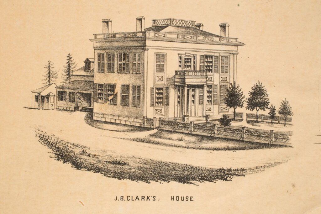 J.B. Clark's house, from 1855 map of Hudson. Caption at bottom reads, "J.B. Clark's House"
