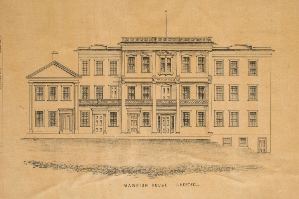Drawing of the Mansion House, from the 1855 map of Hudson, Ohio