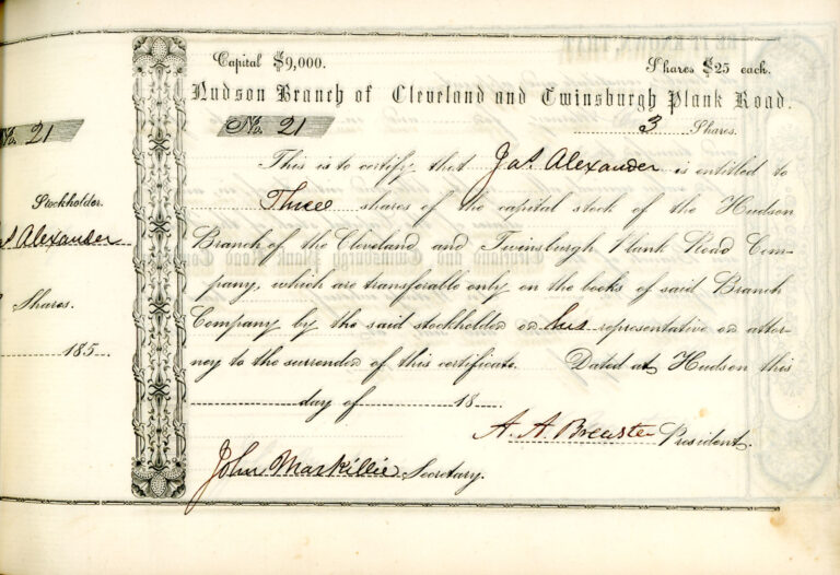Stock certificate for the Hudson Branch of the Cleveland and Twinsburgh Plank Road, signed John Markillie, Secretary.