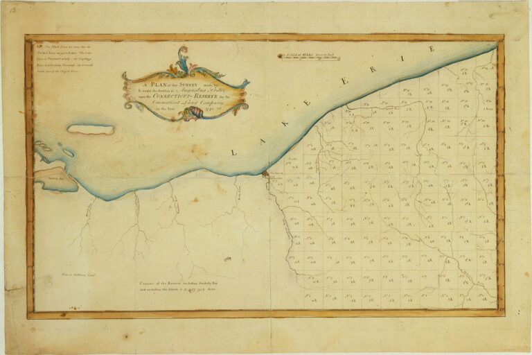 Map of Western Reserve, at top reads, "A plan of the survey made by, & under the direction of Augustus Porter upon the Connecticut Reserve for the Connecticut Land Company in the year 1796"