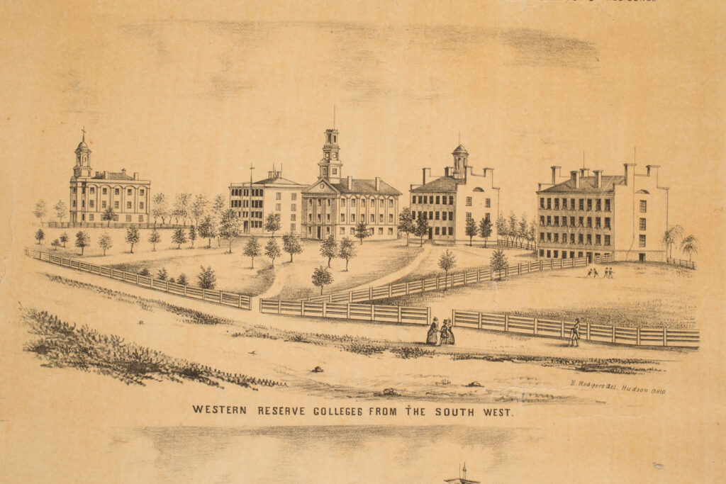 Drawing, Western Reserve College, from 1855 map of Hudson, caption reads, "Western Reserve Colleges from the South West," signed "H Rodgers"